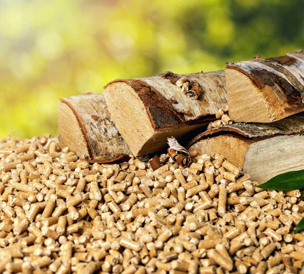 wood pellets with birch firewood. sustainable energy. biomass